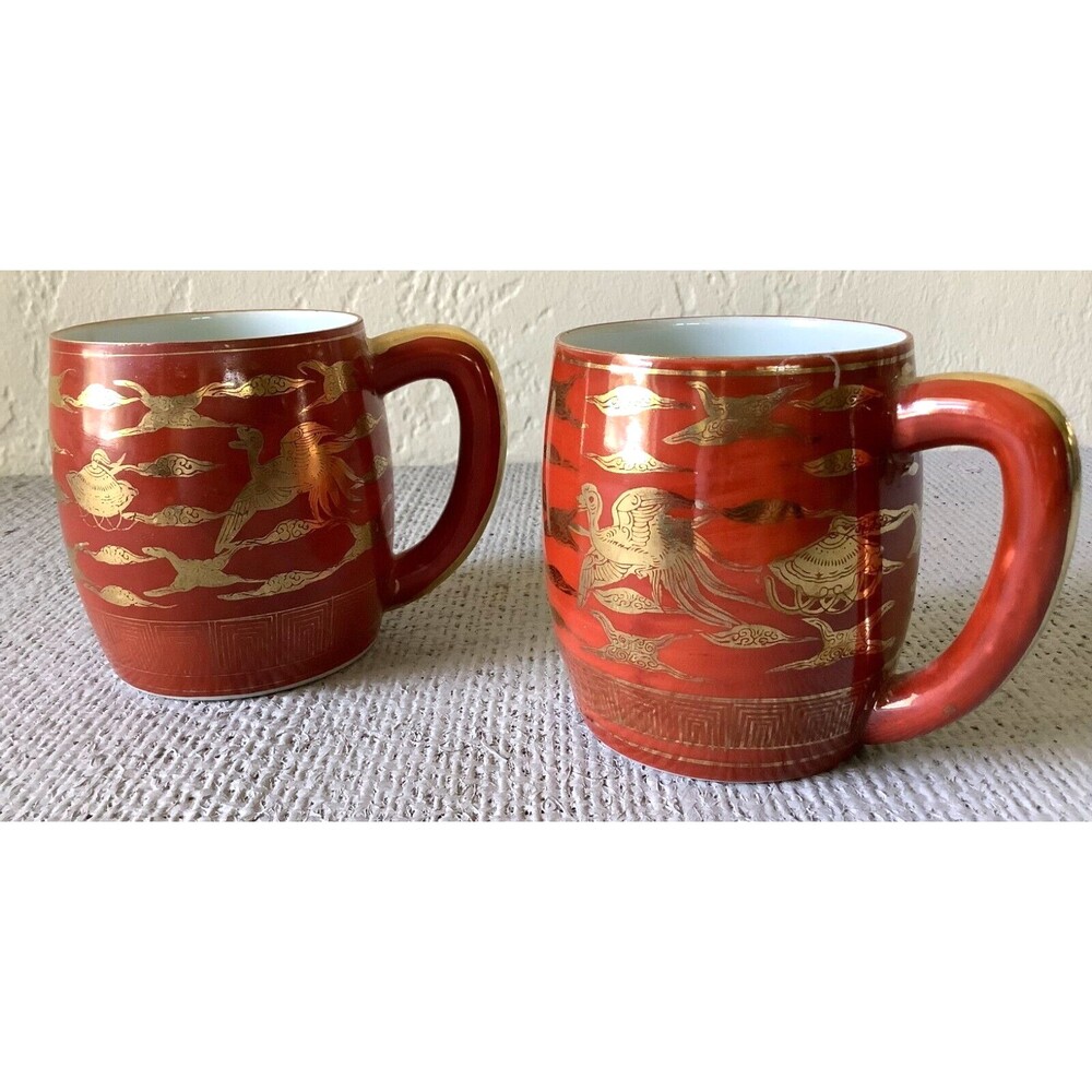 Vintage Yamazaki Kutani Yaki Ware Flying Cranes Japan 2 Mug Set Coffee/Tea
